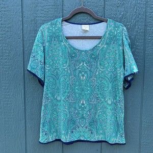 Soma Pom Trim Short Sleeve Pajama Tee Springtime Paisley Cabana XS